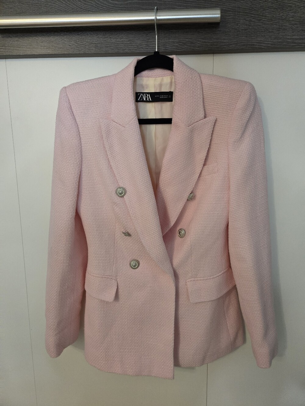 ZARA Light Pink Double-Breasted Textured Blazer